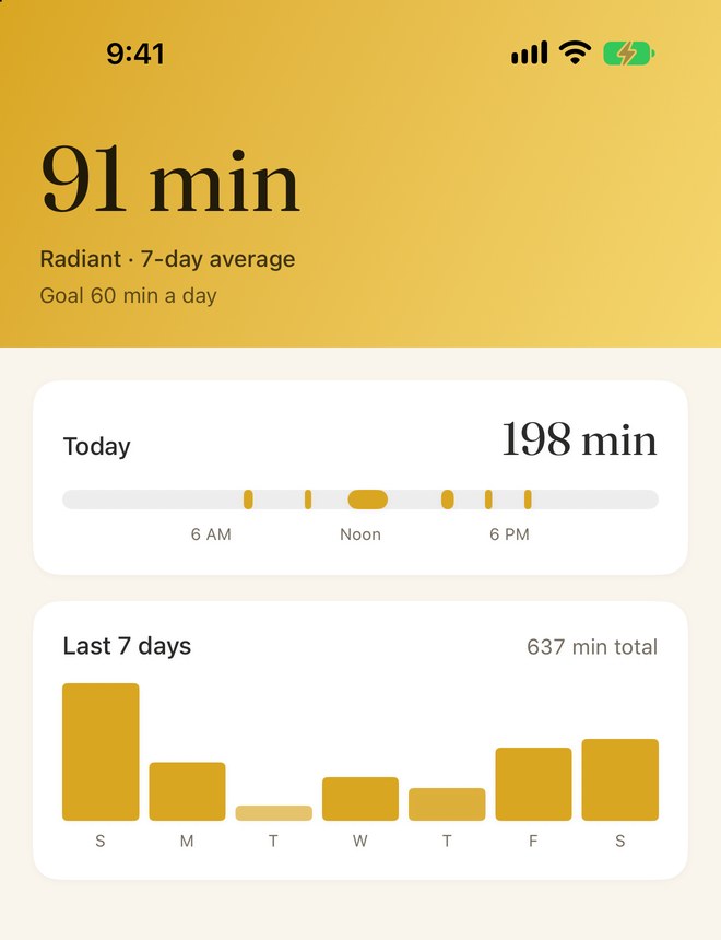 The Today screen showing a 91 minute seven-day average on a radiant gold gradient, with today's minutes and the day's arc below.