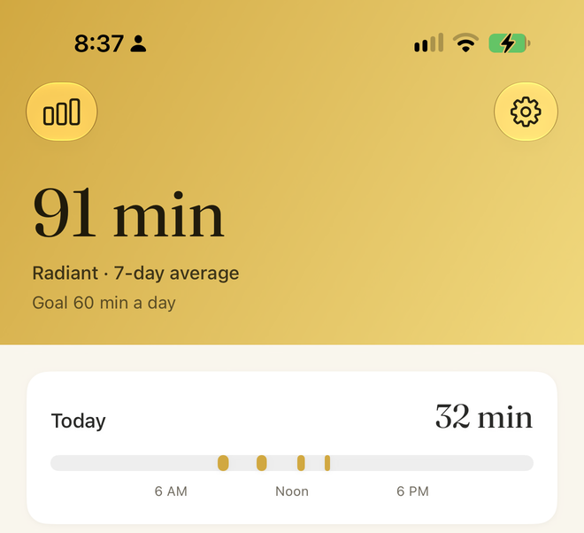 The Today screen showing a 91 minute seven-day average on a radiant gold gradient, with today's minutes and the day's arc below.