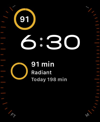 An Apple Watch face showing Brightened complications: a ring around the number 91, and a wider complication reading 91 min, Radiant, today 198 min.